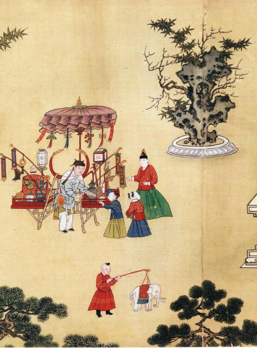 《明宪宗元宵图》中的货郎，腰间挂鼓。来源/中国国家博物馆